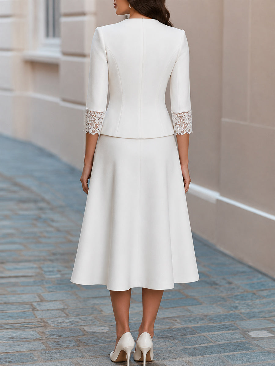Lace Trim V-Neck Pearl Button  Blazer & Flared Midi Skirt Two-Piece Suit
