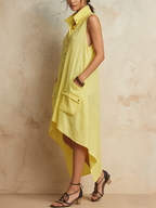 Lemon Yellow Sleeveless High-Low Shirt Dress With Cargo Pockets