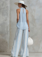 Vacation Light Blue Chiffon Sleeveless Top And Striped Wide-leg Pants Set
