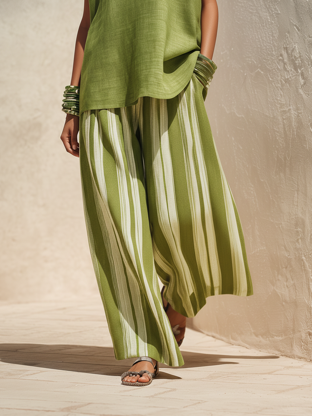 Oversized Green Linen-Blend Sleeveless Top & Striped Wide-Leg Pant Set