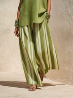 Oversized Green Linen-Blend Sleeveless Top & Striped Wide-Leg Pant Set