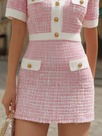Pink & White Tweed Mini Dress With Gold Buttons