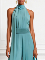 Women Cyan Ruched Halter Mock Neck Sleeveless Dressy Jumpsuit