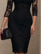 Black Lace Off-Shoulder Midi Sheath Dress With Satin Collar