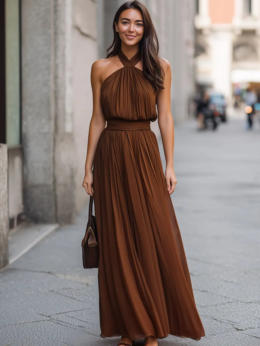 Cross Halter Pleated Waist Flowing Maxi Dress