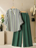 Striped V-neck Top & Pleated Wide-leg Pants Set