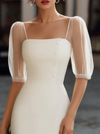 Sheer Sleeve Button-Detail Square-Neck Midi Dress