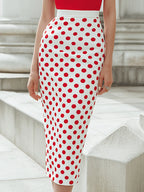 Off-Shoulder Draped Bodice Polka Dot Pencil Midi Dress