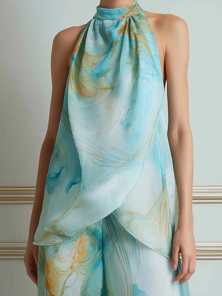 Halter Neck Printed Top And Wide Leg Pants Set