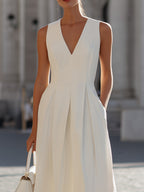 White Sleeveless V-Neck Pleated A-Line Maxi Dress With Pockets