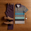 Men's Casual Red Purple & Multi Color Matching Striped Printed Short Sleeved Polo Shirt & Trousers Two-Piece Set