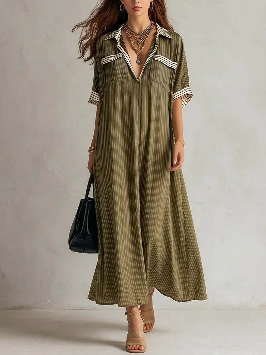 Women's Retro Striped Art Casual Lapel Stylish Cotton Dress