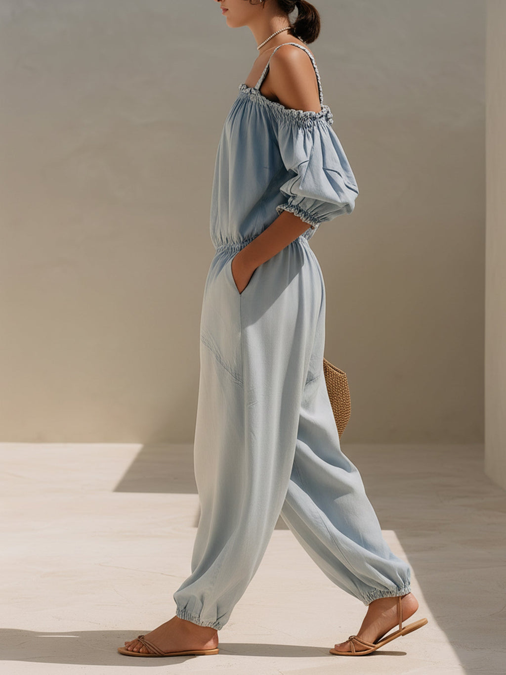 Off-Shoulder Ruffled Puff Sleeve Denim Jumpsuit