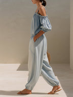 Off-Shoulder Ruffled Puff Sleeve Denim Jumpsuit