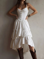 Retro Boho White Corset Tiered Midi Dress With Lace-Trim