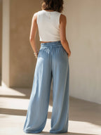 Light Wash Wide-Leg Denim Pants – Drawstring Waist & Patch Pocket Detail