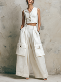 Linen-Blend Vest & Wide-Leg Cargo Pants Set | Tailored Two-Piece Outfit