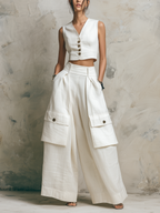 Linen-Blend Vest & Wide-Leg Cargo Pants Set | Tailored Two-Piece Outfit