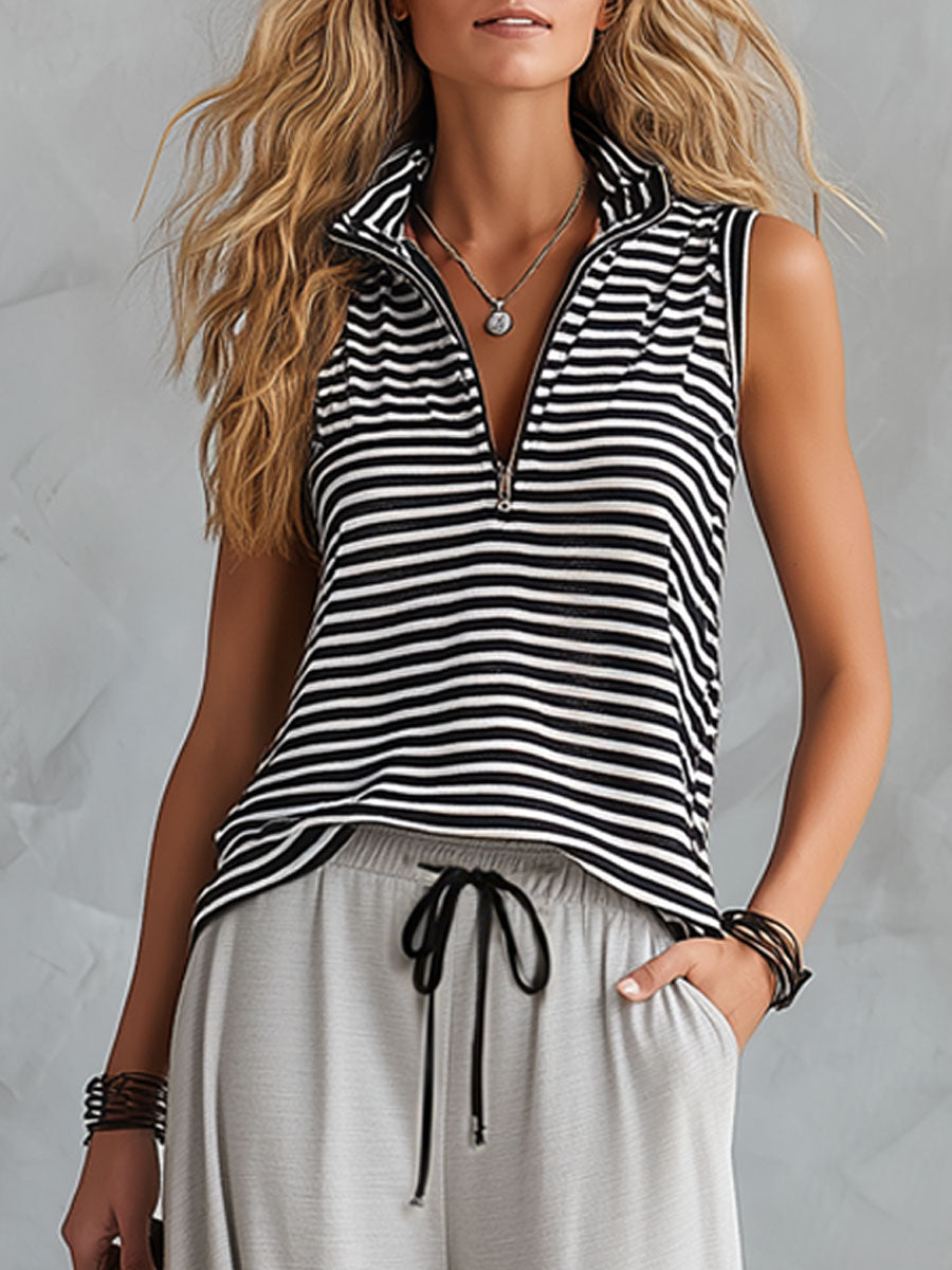 Women's Striped Zip Sleeveless Art Casual Top And Pants Stylish Cotton Suits