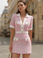 Pink & White Tweed Mini Dress With Gold Buttons