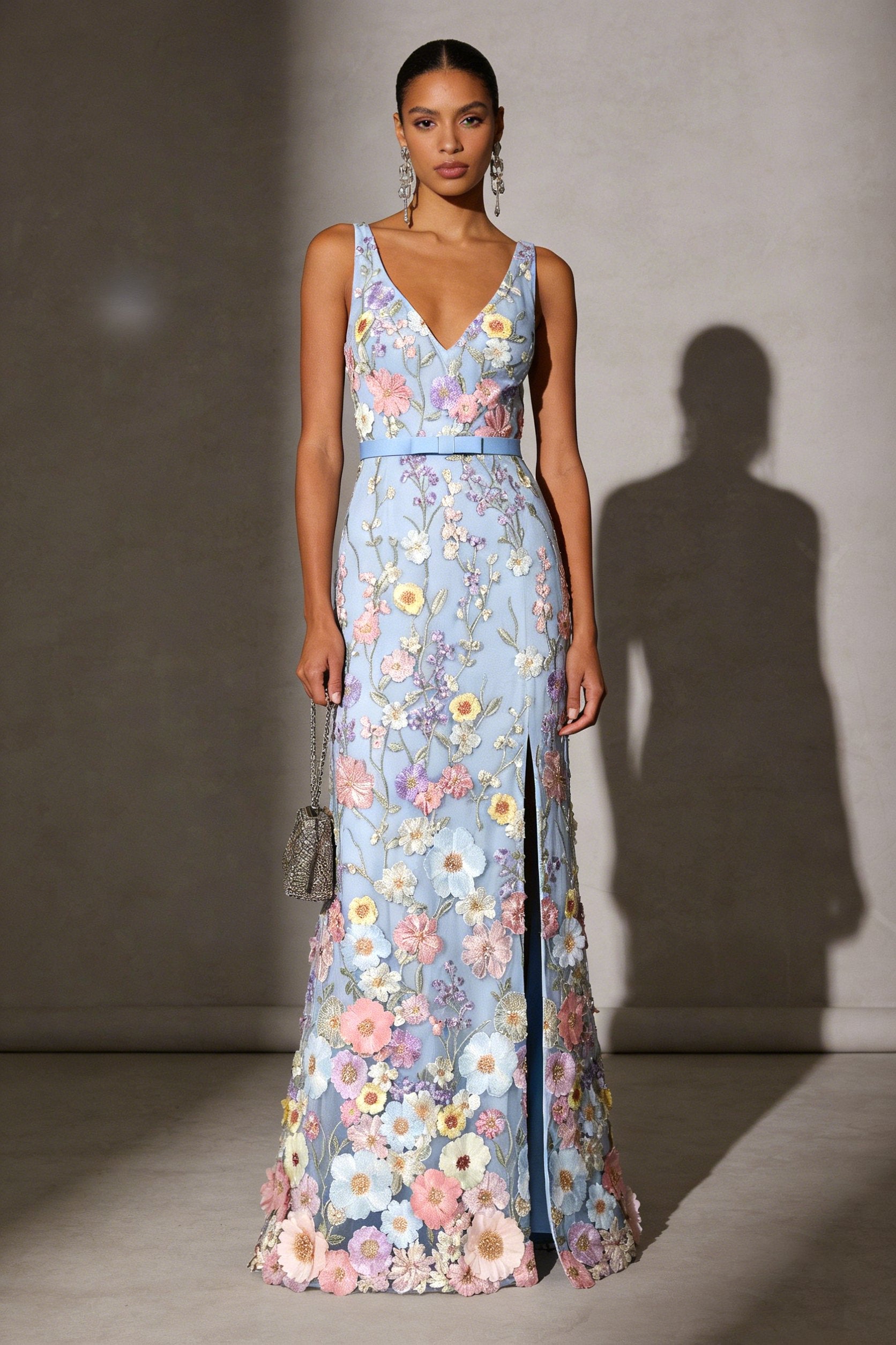 Light Blue Floral Ebroidered Classic V Neck Sleeveless A-Line Floor-length Gown Dress