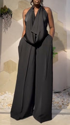 Women's V-Neck Halter-Style Draped Satin Set