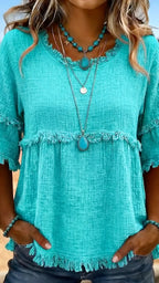 Women's Round Neck Casual Top With Frayed Edges