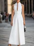Tailored Sleeveless Collared Deep V A-Line Midi Dress