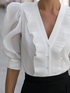 Elegant V-Neck Ruffle Trim Puff Sleeve Button-Down Blouse