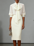 Women Beige Bow Pleated Tie Neck Sleeveless Elegant Top With Skirt Two-Piece Set
