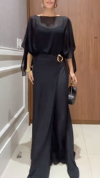 Women's Two-Piece Chiffon Casual Set (Faux Two-Piece Top + Faux Two-Piece Pants)