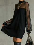 Black Sheer Mesh Sleeve High‐Neck Mini Dress
