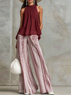 Women's Halter-neck Mesh Sleeveless Top & Striped Trousers Set