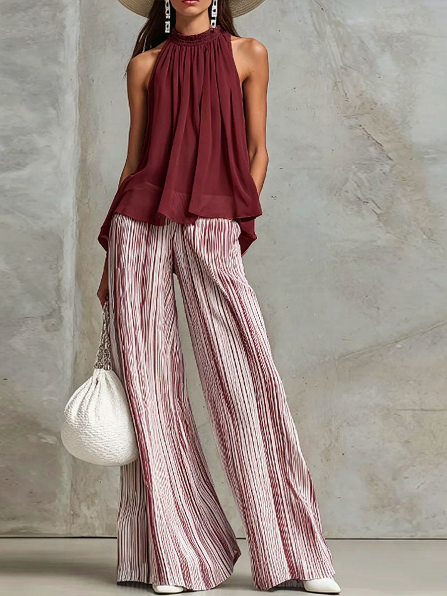 Women's Halter-neck Mesh Sleeveless Top & Striped Trousers Set