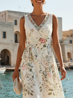 White Floral Classic V Neck Sleeveless A-Line Maxi Dress