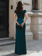 Strapless Ruched High-Slit Evening Gown