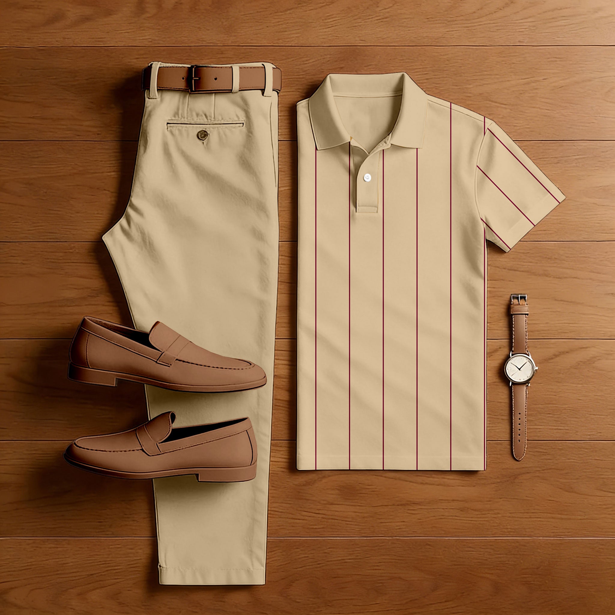 Men's Casual Khaki & Red Color Matching Striped Printed Short Sleeved Polo Shirt & Trousers Two-Piece Set