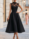 Elegant Lace Neck Organza-Overlay A-Line Midi Dress