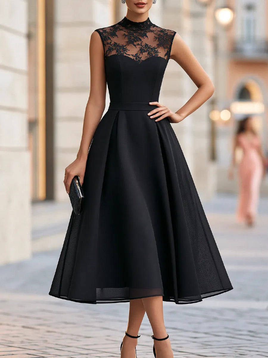 Elegant Lace Neck Organza-Overlay A-Line Midi Dress