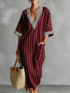 Women's Striped Printed V-neck 3/4 Sleeve Casual Loose Cotton Linen Dress