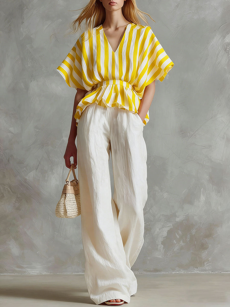 Women's striped printed V-neck 3/4 sleeve casual loose cotton linen top and solid color high-waisted wide-leg pants cotton linen set