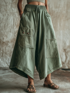 Olive Green Washed Denim Utility Wide-Leg Culottes