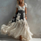 Women's Vintage White Rose Pattern Linen Short Sleeve Dress