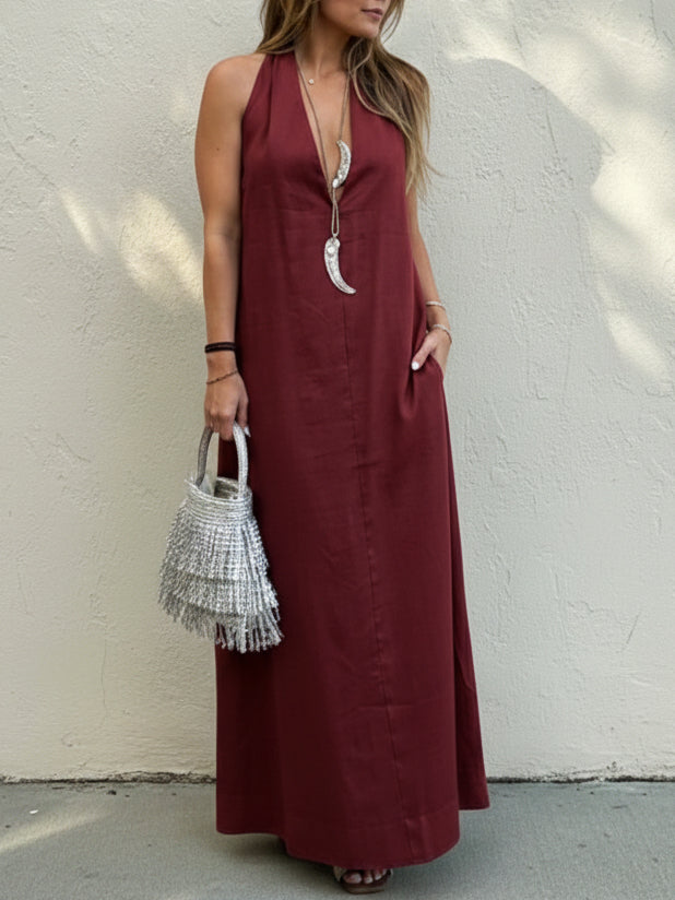 Stylish Elegant Minimalist Halter Neck Linen Maxi Dress