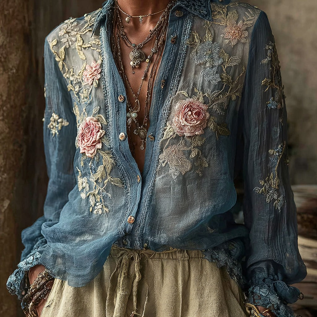 Women's Vintage Bohemian Floral Pattern Linen Long Sleeve Shirt