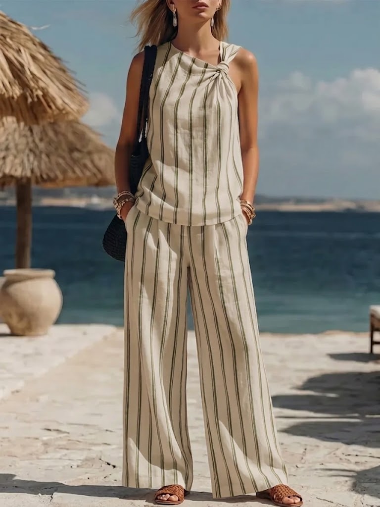 Vacation-style Blue And White Striped Linen Sleeveless Set