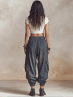 Lightweight Cargo Harem Pants With Drawstring Waist