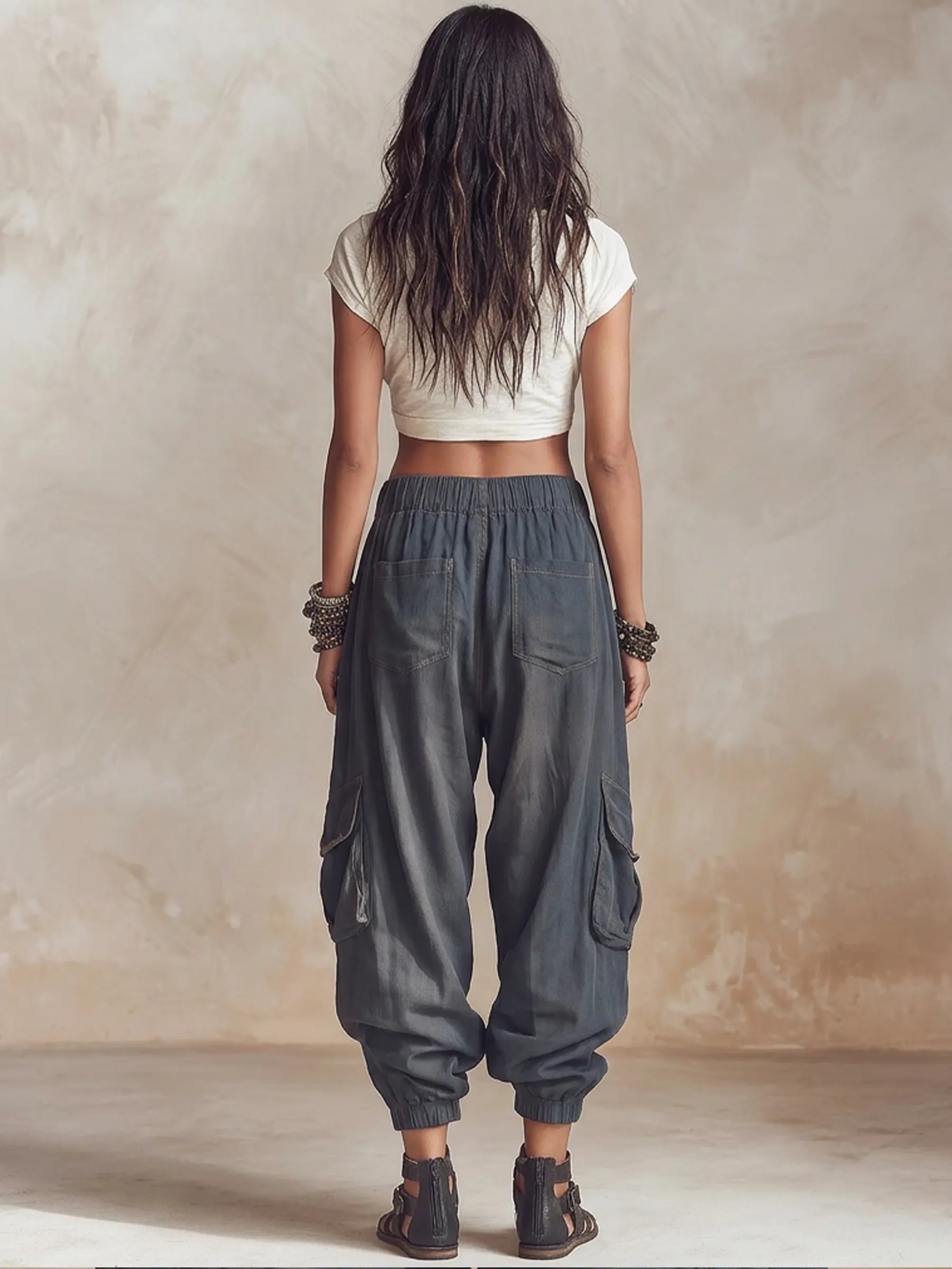 Lightweight Cargo Harem Pants With Drawstring Waist
