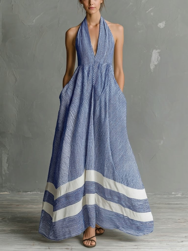 Stylish Casual Striped Linen And Cotton Sleeveless Dress