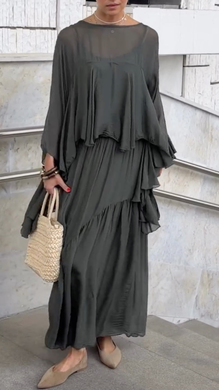 Sheer Ruffle Top & Pleated Maxi Skirt Co‐Ord Set